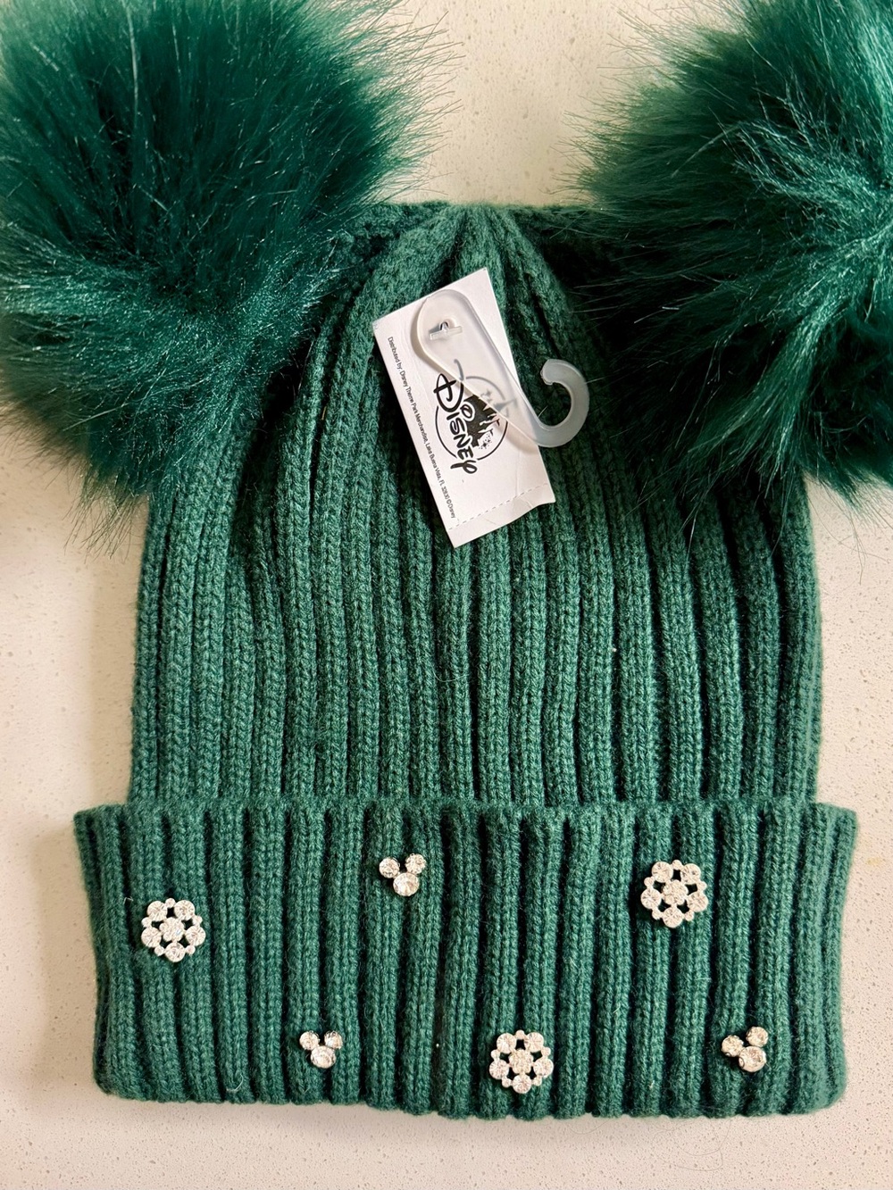 Disney Emerald Green Ribbed Beanie with Double Pom Poms and Crystal Snowflakes